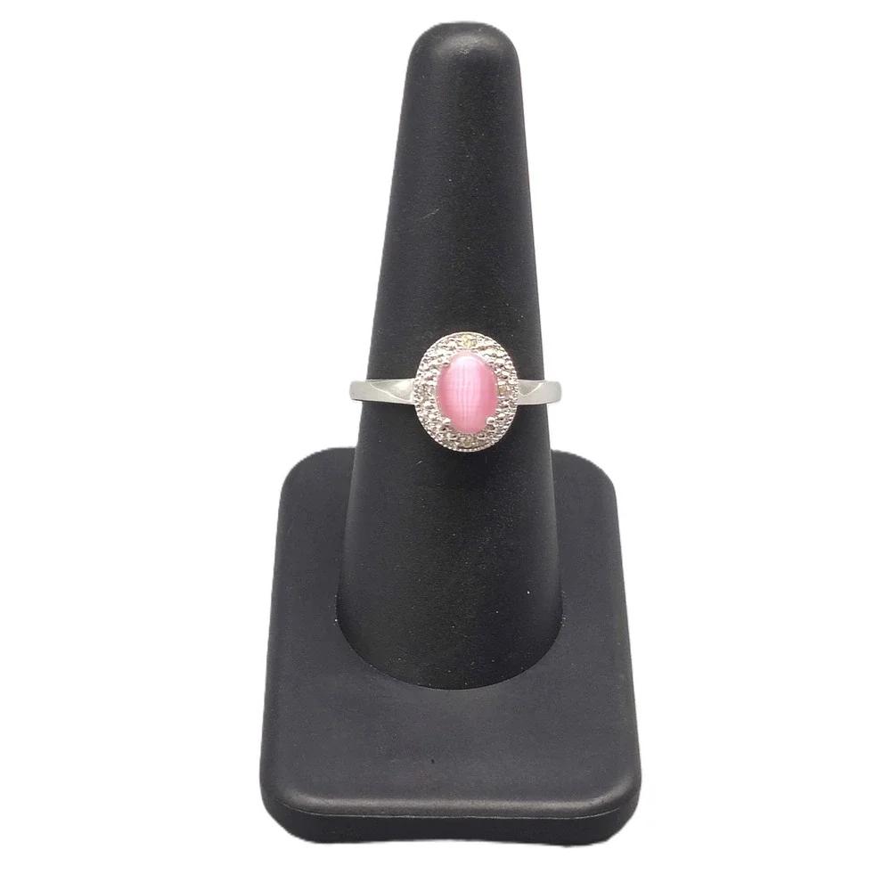 .925 SILVER DIAMOND & CRTD PINK CAT EYE RING SIZE 6.25 2.1G (GNH022574)